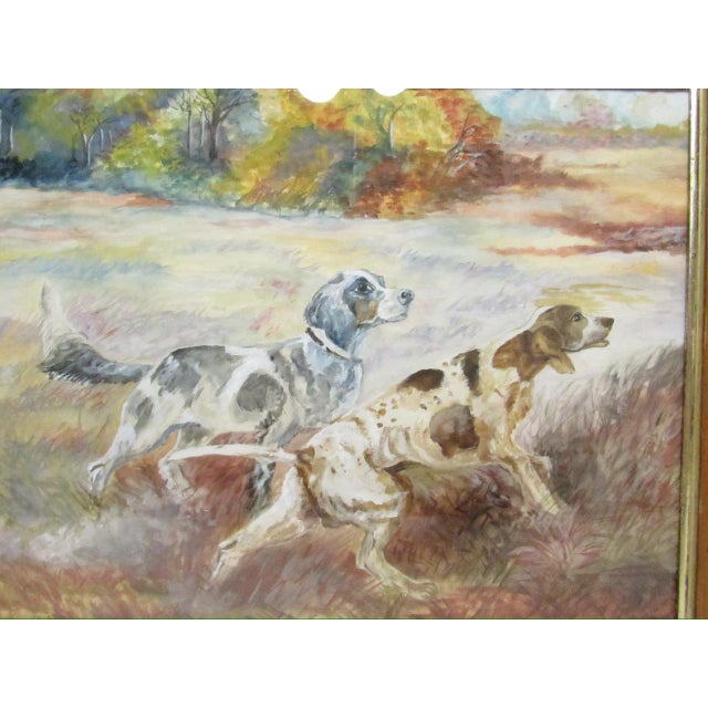 Antique English watercolor of two hunting dogs in a rural landscape, c.1880 Featuring a white and brown pointer in front...