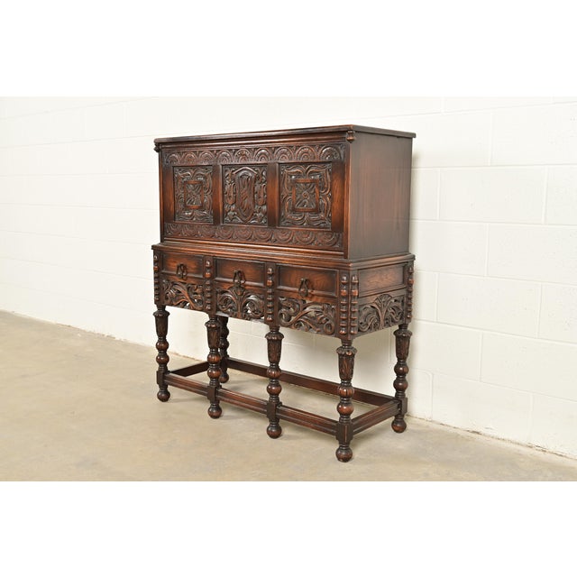 English Lifetime Furniture Antique English Jacobean Carved Oak Drop Front Secretary Desk, Circa 1920s For Sale - Image 3 of 16