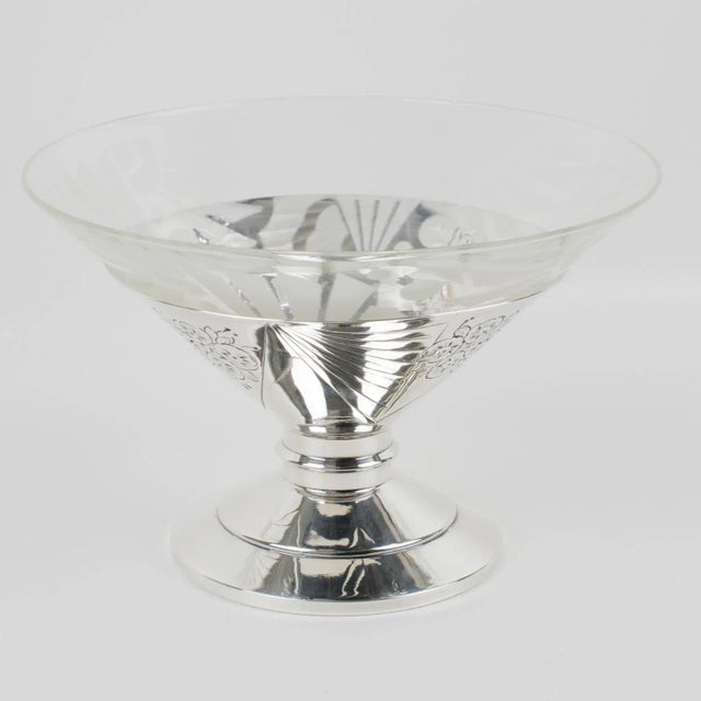 Silver Art Deco Silver Plate and Etched Glass Centerpiece Bowl For Sale - Image 8 of 11
