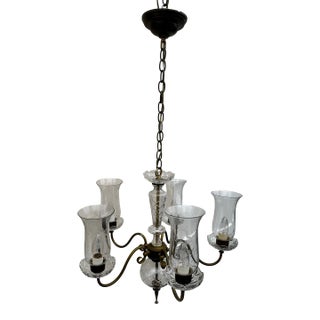 Vintage Five Arm Brass and Crystal Chandelier For Sale