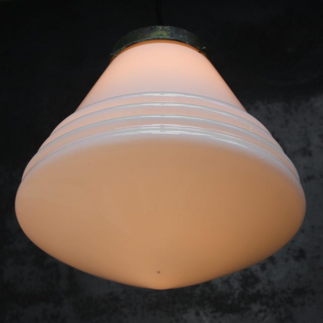 Metal Art Deco Dutch White Reeded Opaline Glass Pendant Lamp from Philips, Holland For Sale - Image 7 of 8