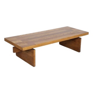 Organic Modern Minimalist Mid Century Lane Brutalist Platform Coffee Table Interlocking Contrasting Inlayed Top and Slab Base For Sale