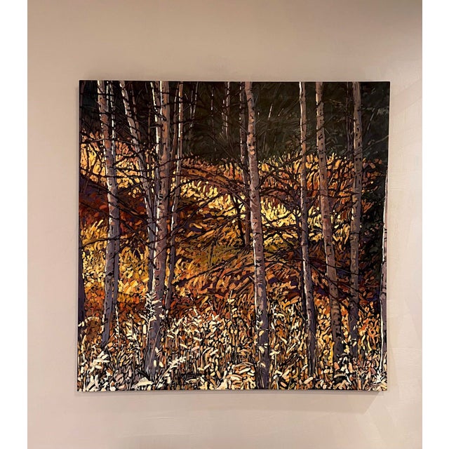 This artwork captures a vibrant autumn landscape, where tall trees stand amidst a tapestry of golden foliage. The...