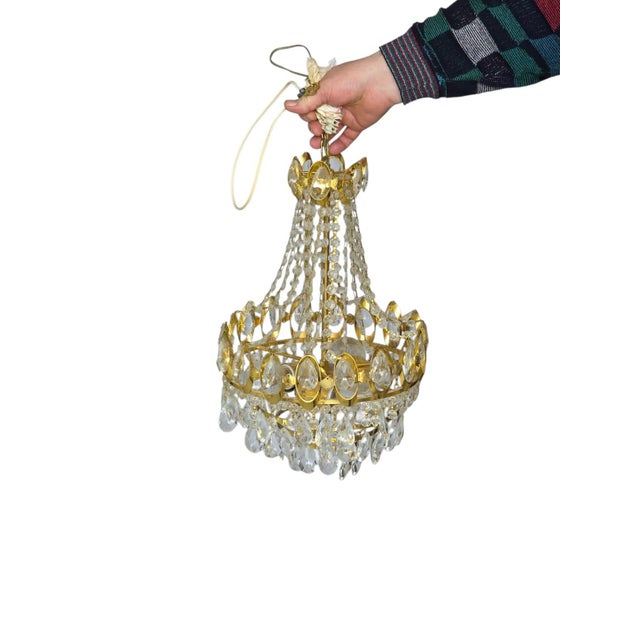Mid-Century Modern Gilded Brass Crown Chandelier with Faceted Crystal Teardrop Crystals in the style of Palwa, Germany, 1960-1970 For Sale - Image 9 of 9