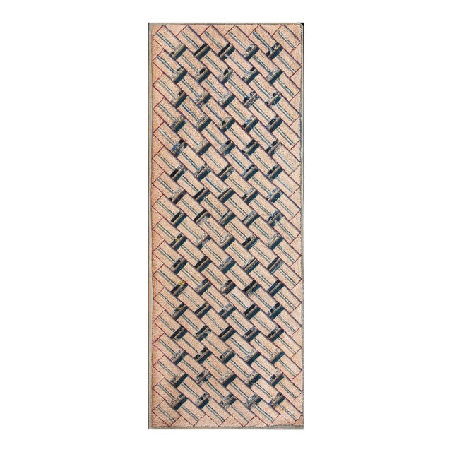 1930s Taupe Geometric Antique American Hooked Rug 2'3" X 6' Handknotted Wool Carpet For Sale