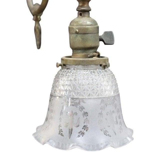 Brass Electric & Gas 7-Light Chandelier & Diamond Cut Ruffled Glass Shades C1890 For Sale - Image 6 of 13