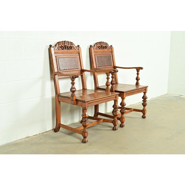 Romweber Early Romweber Antique English Jacobean Carved Oak and Burl Wood Armchairs, Pair For Sale - Image 4 of 13