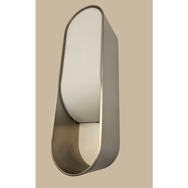 Contemporary New Pair of Boyd Lighting Loop Led Wall Sconces – Satin Nickel & White Glass For Sale - Image 3 of 6