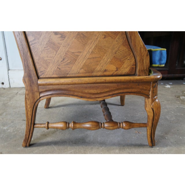 Blue Vintage Thomasville Louis XV Style Parquetry Oak Carved Library Wingback Chair For Sale - Image 8 of 13