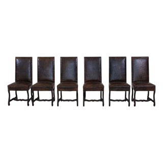 Set of Six 19th Century Spanish Leather Dining Chairs For Sale