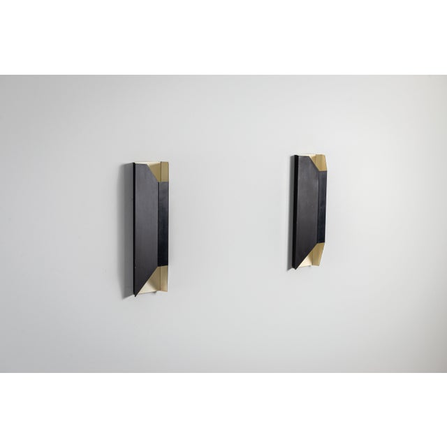 Mid-Century Modern Vintage Architectural Angular Geometric Black Metal Wall Lamps, 1960s, Set of 2 For Sale - Image 3 of 17