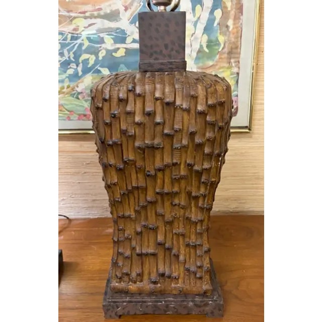 Mid Century Asian Faux Bamboo Table Lamps For Sale - Image 4 of 11