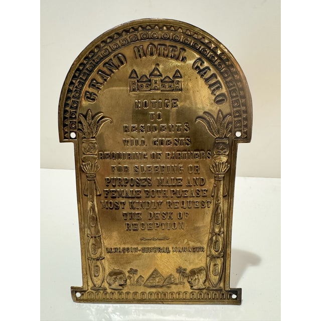 Traditional Vintage Grand Hotel Cairo Cast Brass Sign Egyptian Revival Hotel Notice Plaque For Sale - Image 3 of 7