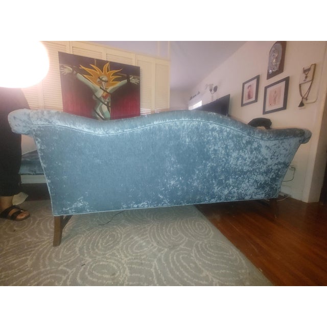 Vintage Down Filled Camelback Sofa - Velvet Silk Upholstery For Sale - Image 4 of 10