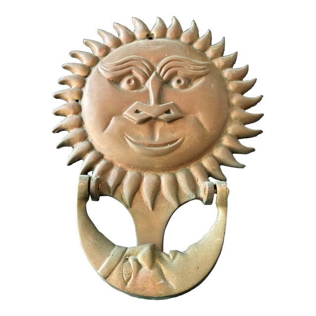 Vintage Bronzed Solid Brass Sun & Moon Face Door Knocker 6.5x8.5" Heavy-Duty For Sale