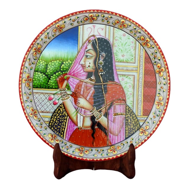 Marble Handicraft Plate Rajasthani Women Bani Thani Tribal Ethnic Hand Painted For Sale