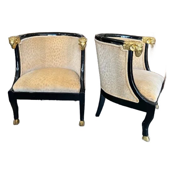20th Century Neoclassical Style Rams Head Barrel Chairs, a Pair For Sale