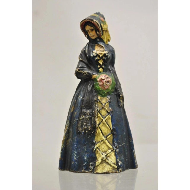 Antique Victorian Cast Iron Figural Colonial Woman Blue Dress Painted Door Stop For Sale - Image 9 of 9
