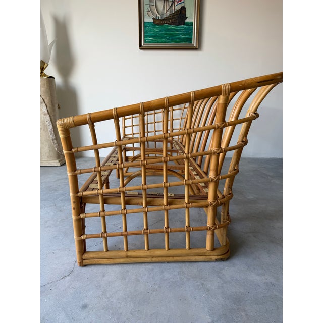 1980s Vintage Ficks Reed Style Bamboo Rattan Sofa With Floral Print Upholstery/ Sold For Sale - Image 5 of 12