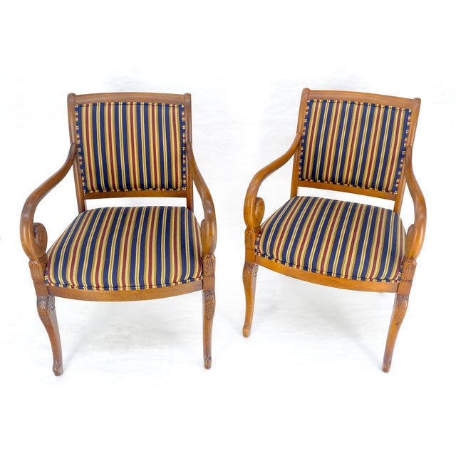 Pair of Regency Style Carved Open Arm Fireside Lounge Chairs Stripe Upholstery