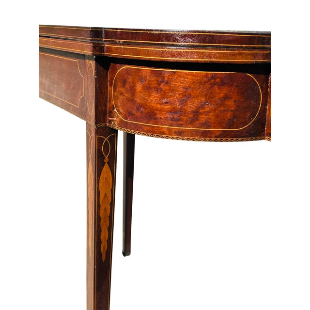 Wood 19th Century Federal Style Mahogany & Satinwood Inlaid Card Table – Antique Hepplewhite Flip-Top Game / Demilune Console Table For Sale - Image 7 of 14