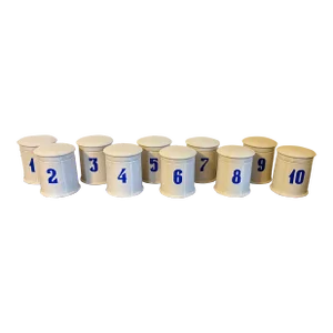 Antique Early 20th Century Porcelain Pharmacy Jars White With Blue Numbers - a Set of 10