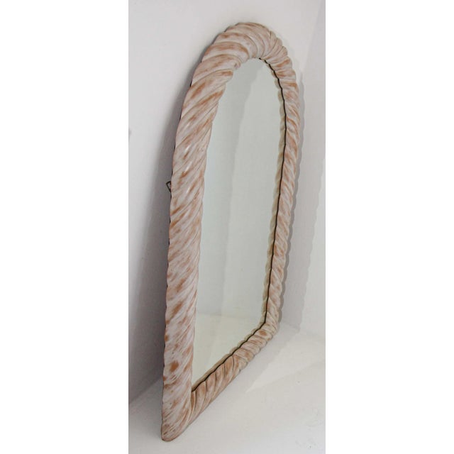White bleached wood arched wall mirror. Post Modern vintage French arched topped wall mirror. This washed out twisted wood...
