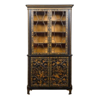 19th Century English Black and Gold Chinoiserie Bookcase with Glass Doors For Sale