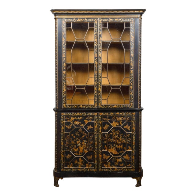 19th Century English Black and Gold Chinoiserie Bookcase with Glass Doors For Sale