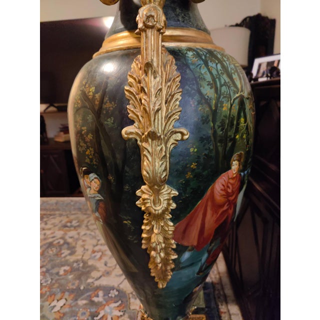 Pair of Early 20th Century Italian Hand Painted Green Marble Floor Urns For Sale - Image 6 of 12