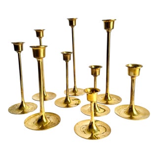 MCM Brass Graduated Tulip Style Candlestick Holders Vintage Taper Candle Holders Set of 9 For Sale