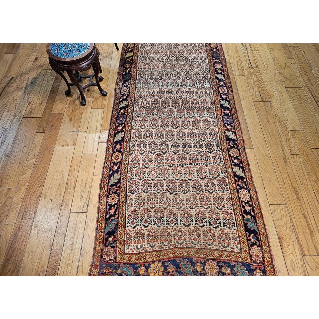 19th Century Persian Bidjar Wide Runner, Hand-Knotted Wool, Allover Paisley Pattern, Ivory & Navy, 4x14 For Sale - Image 4 of 18