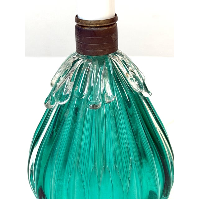 Mid 20th Century Archimede Seguso Murano Ribbed Emerald Green Glass Lamp Applied Crystal Collar For Sale - Image 13 of 16