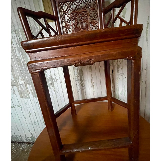 Brown Antique Asian Chinese Style Carved Hexagonal Petit Delicate Small Chair W/Arms For Sale - Image 8 of 12