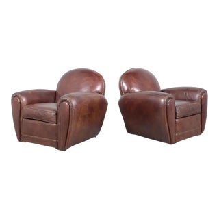 Pair of 1990s Vintage French Art Deco Leather Club Chairs For Sale