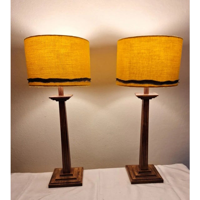 Vintage Table Lamps with Oak Base and Handmade Fabric Shade from Lamplove, 1980s, Set of 2 For Sale - Image 3 of 11
