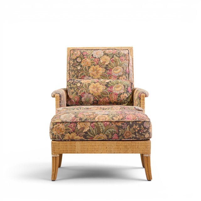 McGuire Umbria Rattan and Wicker Lounge Chair with Ottoman The chair measures: 33 wide x 43 deep x 38 high, with a seat...
