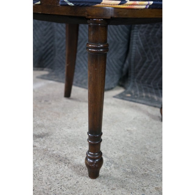 Wood 2 Antique English Sheraton Regency Style Mahogany Inlaid Floral Silk Arm Chairs For Sale - Image 7 of 18