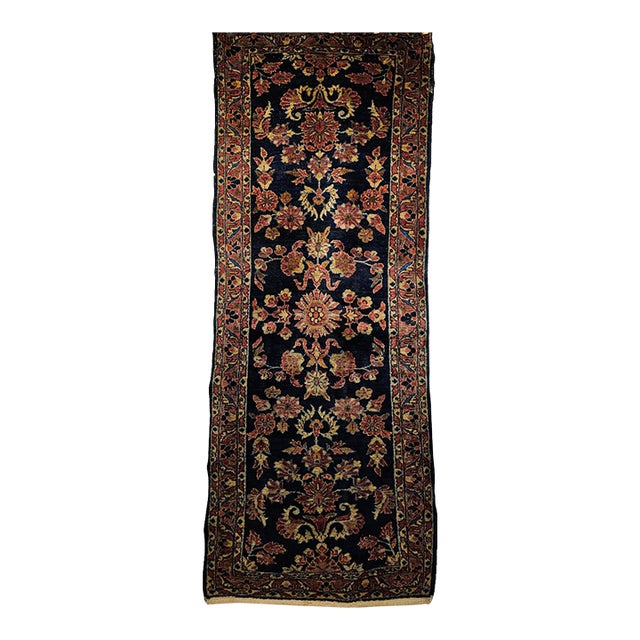 Antique Persian Lilian Runner Rug, Hand-Knotted Wool, Floral Design, Navy & Red, 3x7 For Sale