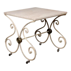 French 1890s Patisserie Table with Painted Iron Scrolling Base and Stone Top