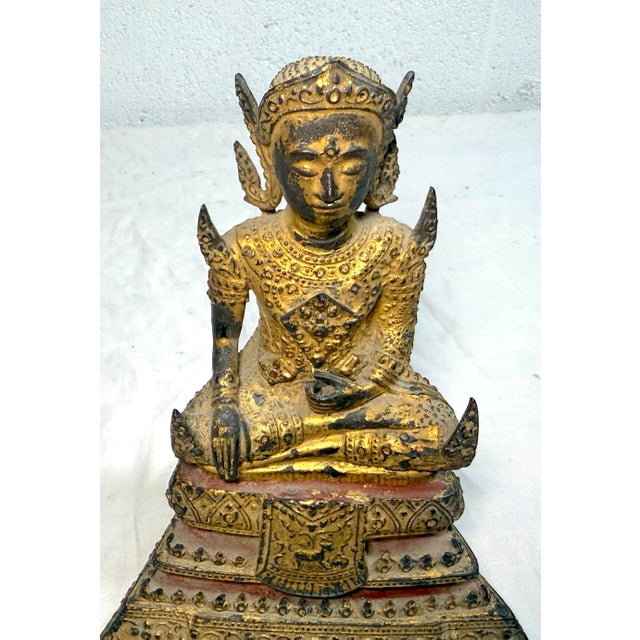 Ntique Early 1800s Gold Gilded Bronze Thai Rattanakosin Buddha Statue Sculpture For Sale - Image 4 of 18