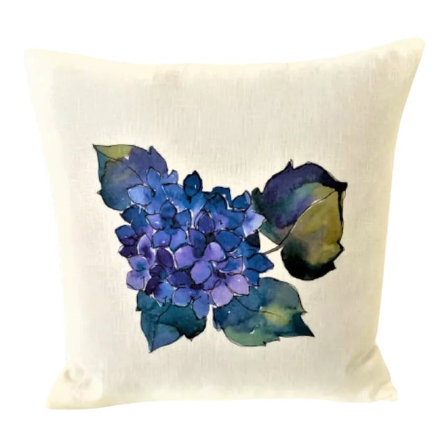 Hydrangea Blossom on Sea Green Linen Pillow For Sale