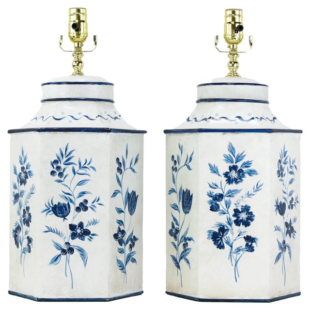 Pair of Vintage Blue and White Hand-Painted Hexagon Tole Tea Caddy Table Lamps For Sale - Image 11 of 11