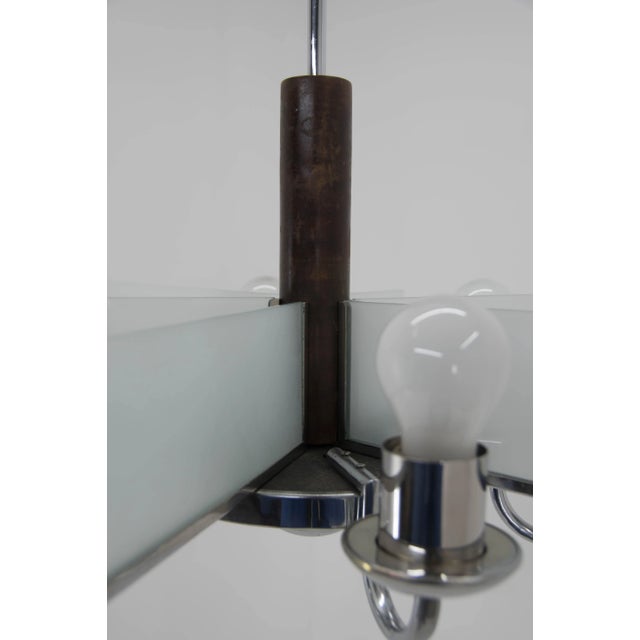Art Deco Chandelier in Chrome, Wood and Sandblasted Glass, 1940s For Sale - Image 11 of 13