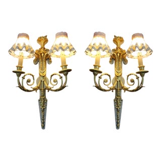 1860 French Louis XVI Gold Bronze Silk Wall Lamps Sconces 2pc- Pair For Sale