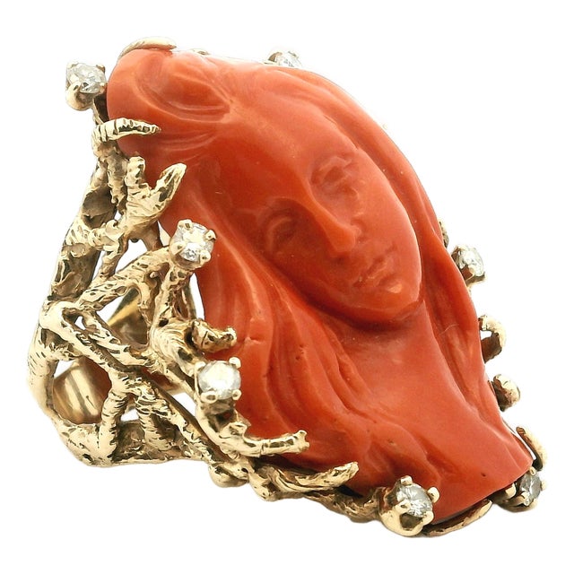 Italian Carved Red Coral Diamond 14k Gold Statement Ring, Circa 1970s, Size 6.25 For Sale