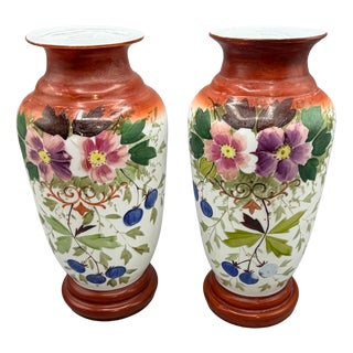 Large Antique Hand-Painted Bohemian Opaline Glass Vases, 1800s, Set of 2 For Sale