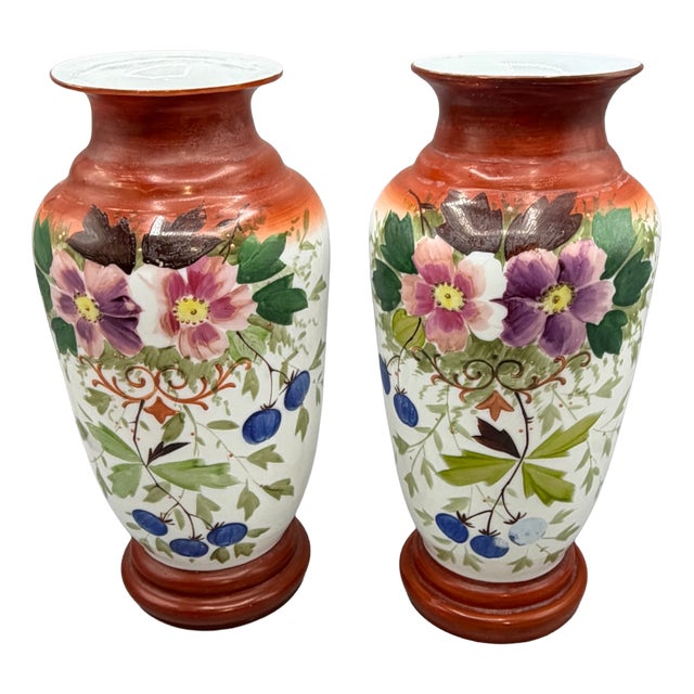 Large Antique Hand-Painted Bohemian Opaline Glass Vases, 1800s, Set of 2 For Sale