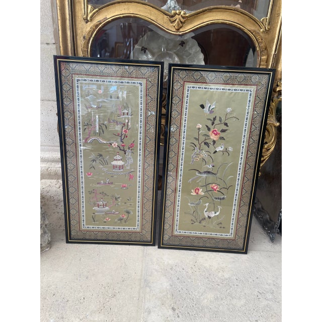 Qing Dynasty vintage Chinese Silk Panel boasts exquisite embroidery featuring intricate floral designs and a flying bird...
