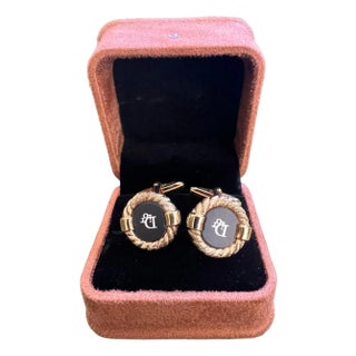 Rare Gold Plated & Onyx Vintage Art Deco Christian Dior Cufflinks In Lux Case For Sale